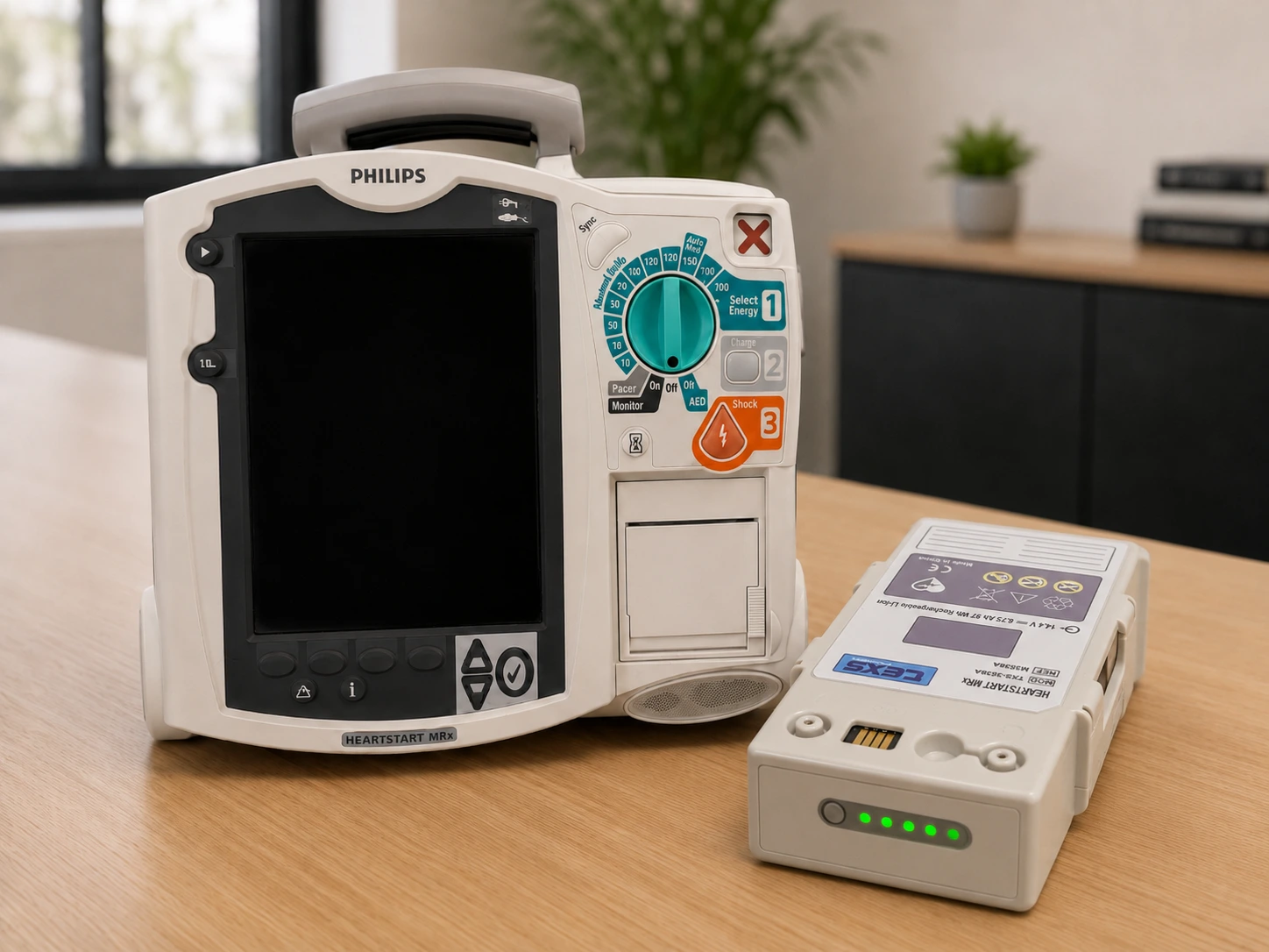 Equipamento médico Philips ao lado de uma bateria compatível Texs Power